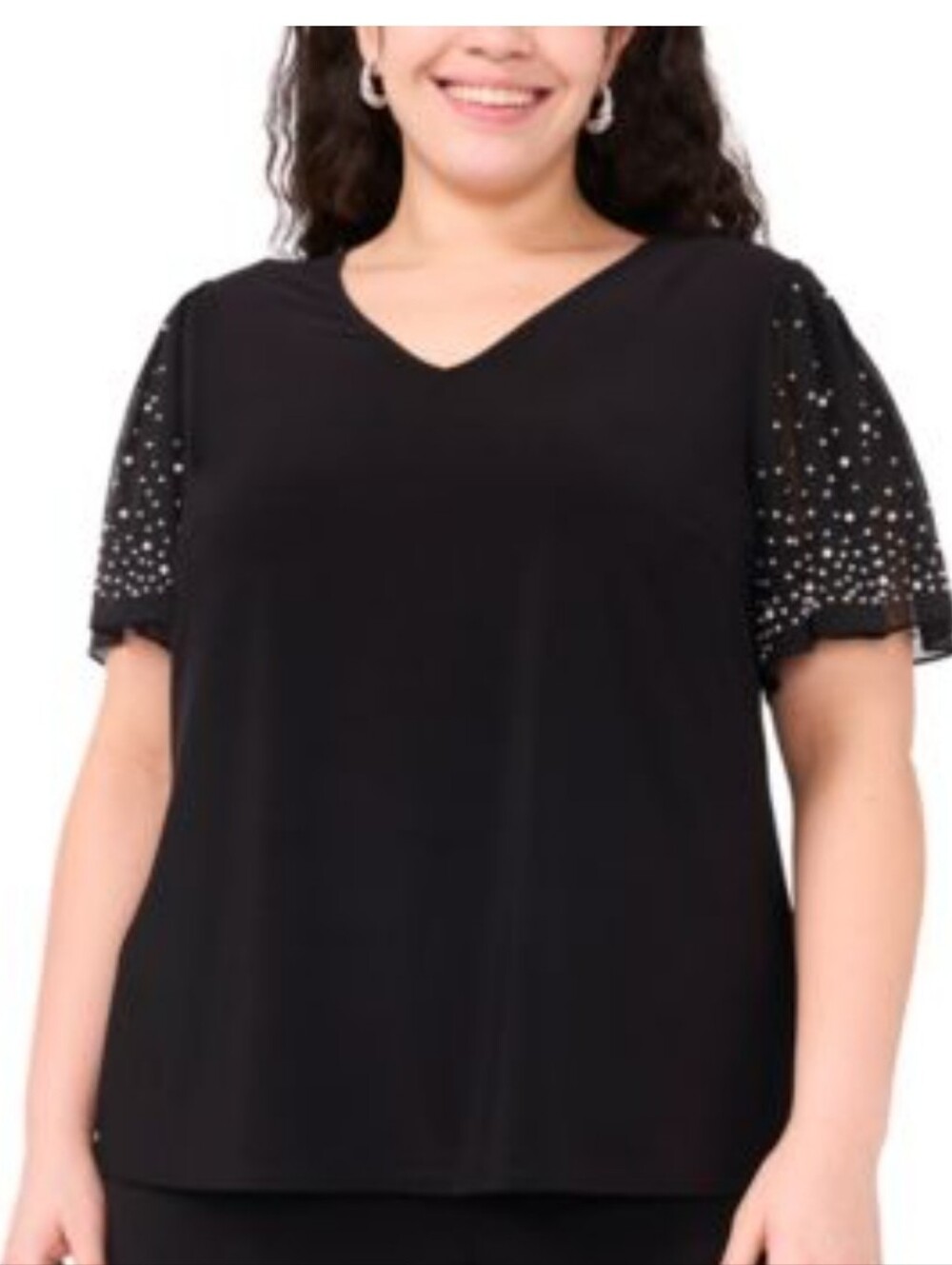 MSK Women NWT 3X Black Rhinestone Pearl Sheer Sleeve V Neck Tunic Top Career